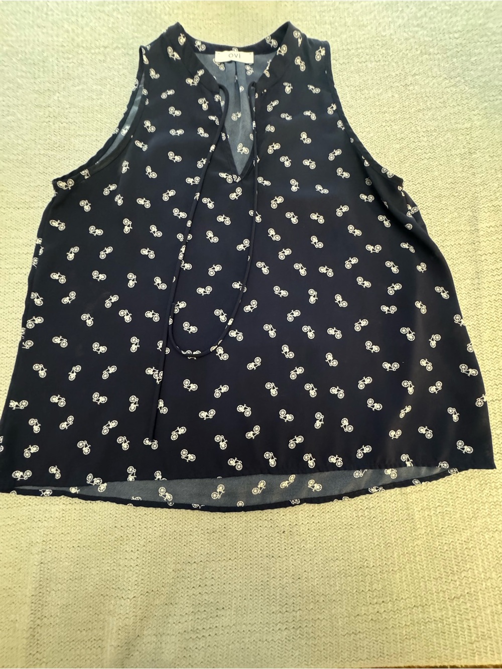 Ovi Navy Sleeveless Tie-Neck Top with White Bicycle Print